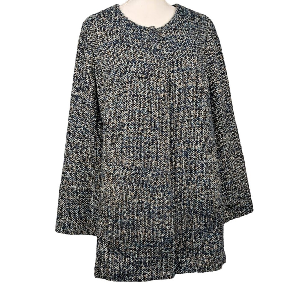 TALBOTS 16 Italian Boucle Tweed Collarless Swing‎ Coat Blue Grey Multi Pockets